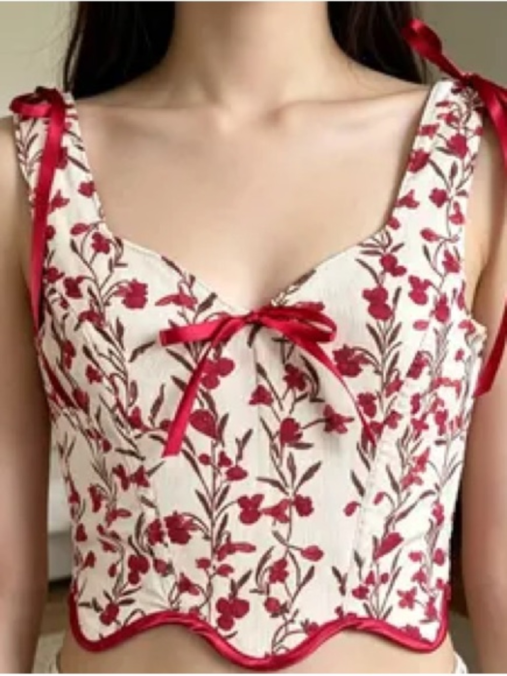 Floral Ribbon-Trimmed Crop Camisole in Red and Cream